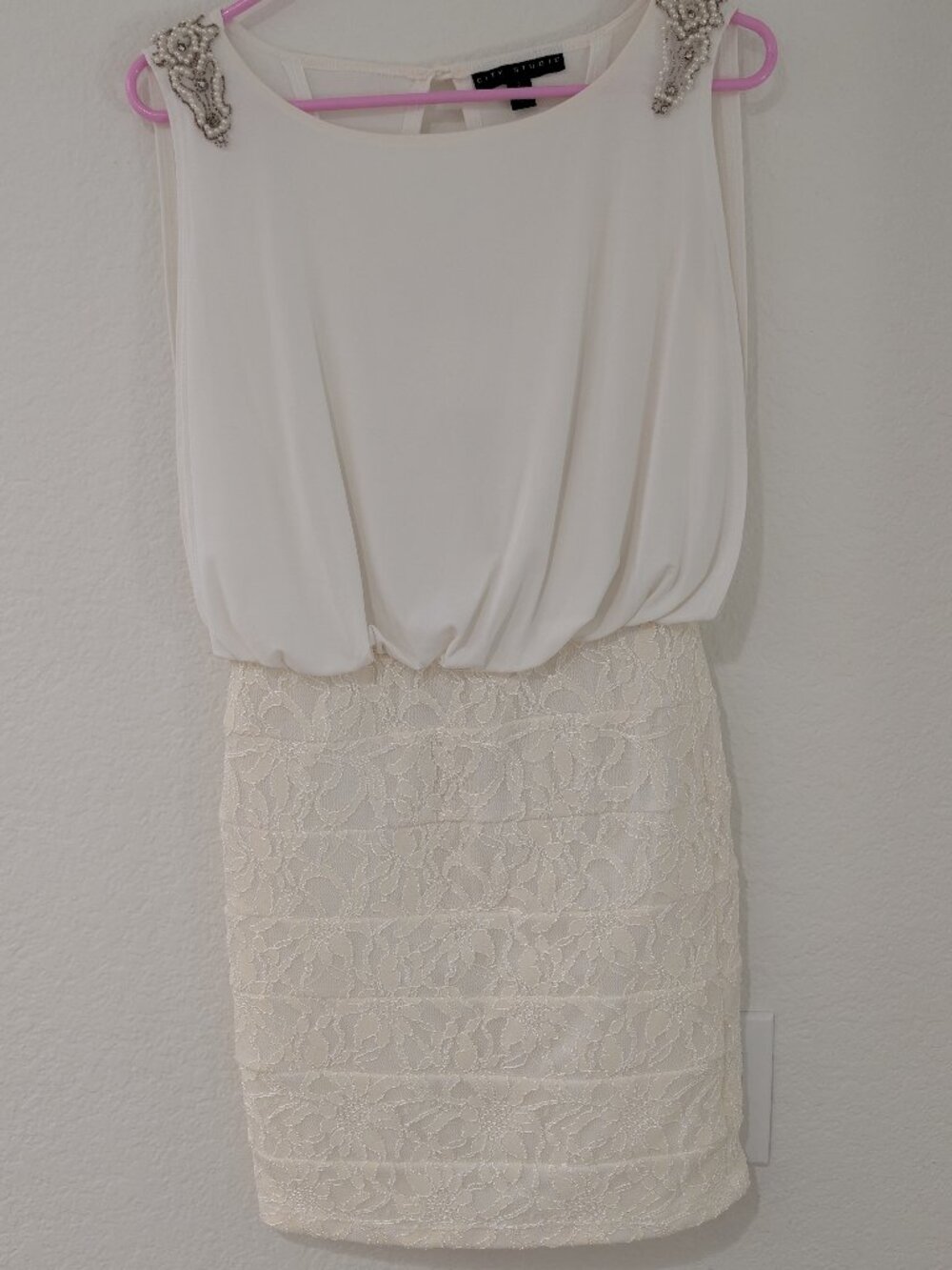 Embellished cocktail dress with lace skirt
